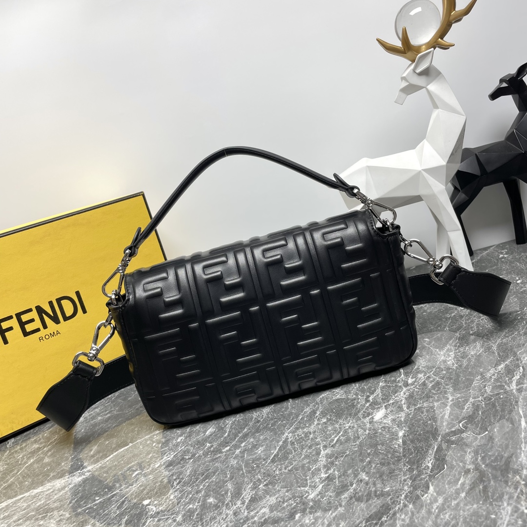 Fendi Medium Baguette Nappa Leather with FF Motif Shoulder Bag Black